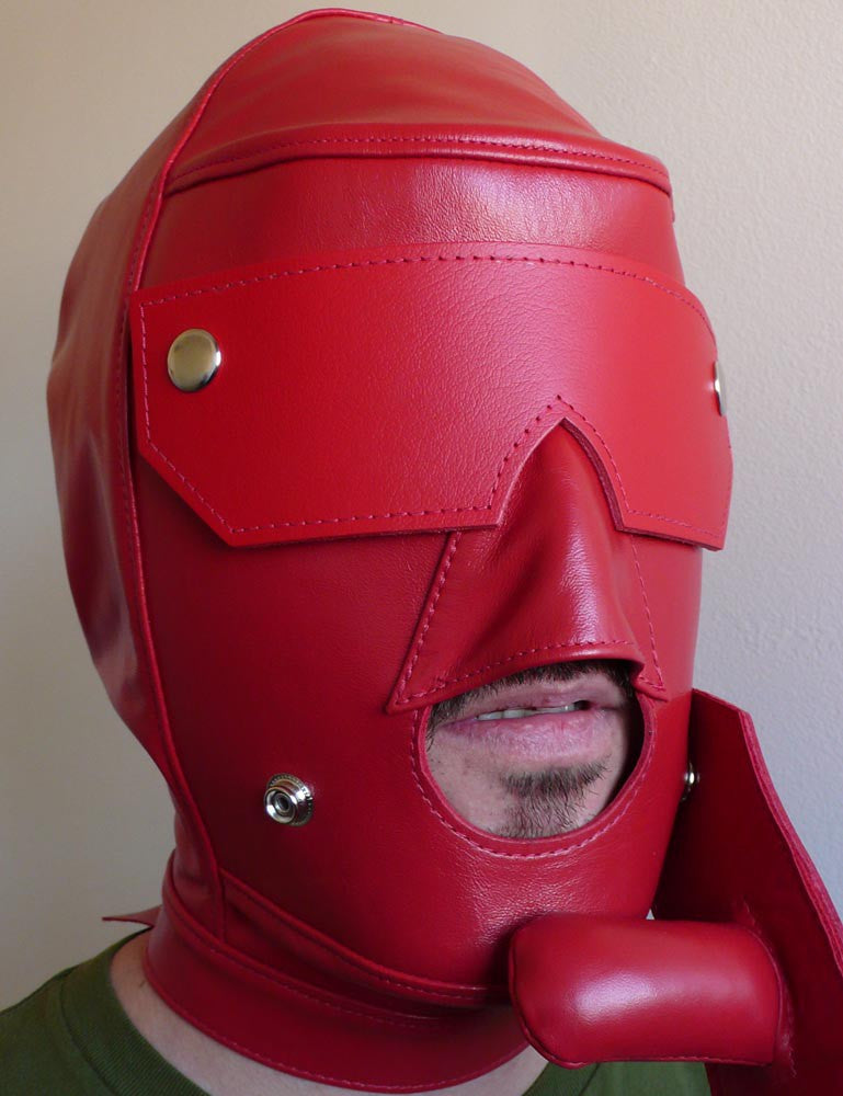 Red Slave Hood with Snap-on Gag and Blindfold